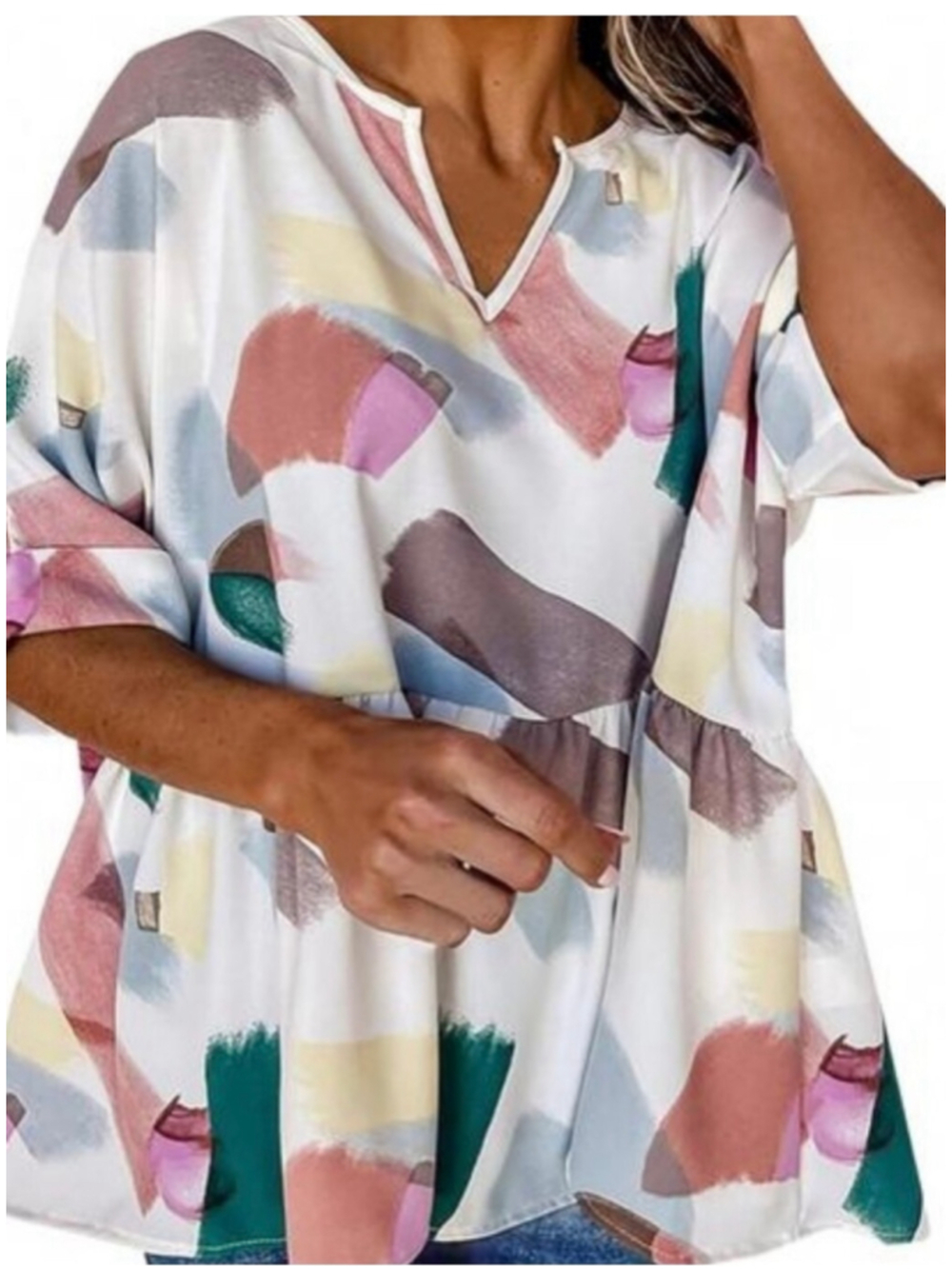 Entro Colorful Abstract V-Neck Peplum Blouse Large